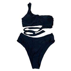 One Shoulder High Waisted Bikini With Tie High Cut - Two Piece - Black - Large